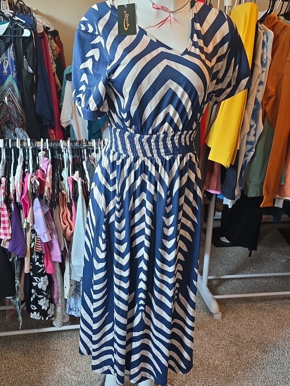 Smocked Waist Navy & White Chevron Maxi Dress